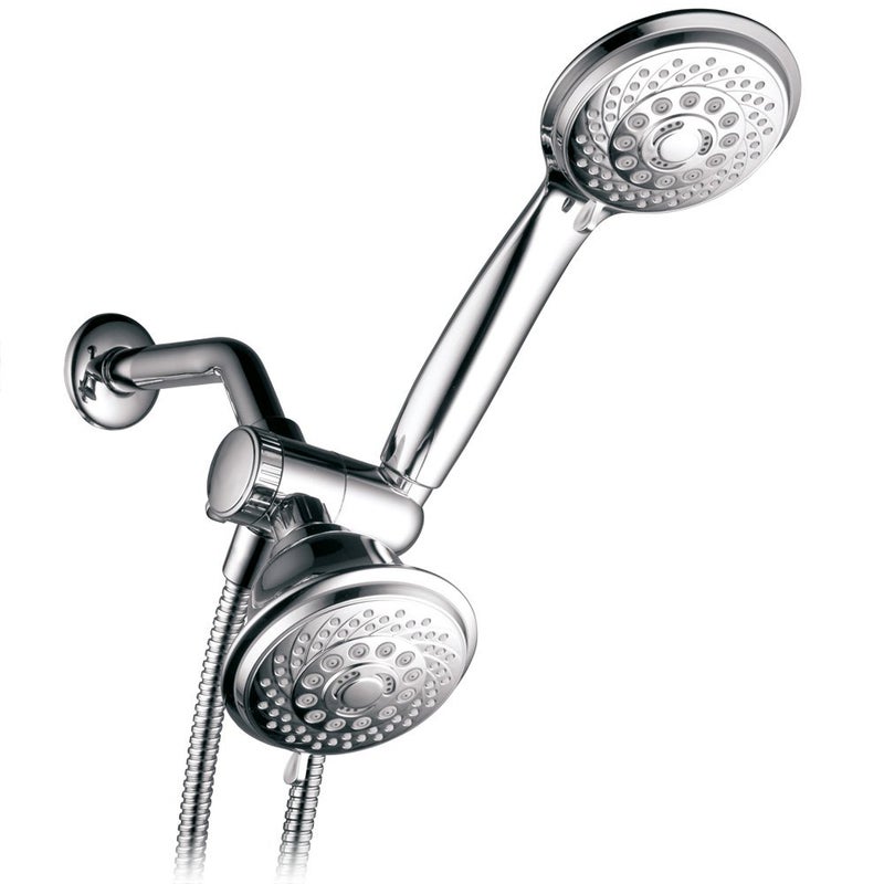 Hotel Spa 4-Inch Twin Shower Head Combo, Chrome, 30-Setting Shower Heads, 6-Foot Stainless Steel Hose, Ultra-Luxury, Showerspa - Image 1